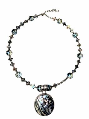 Handmade Abalone Pendant Necklace in Iridescent Blue-Green Glass Beads
